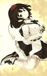 Rule 34 | 1girl, black hair, black skirt, camera, closed mouth, collared shirt, commentary request, frilled skirt, frills, full body, hat, highres, holding, holding camera, looking at viewer, pointy ears, pom pom (clothes), red eyes, red hat, shameimaru aya, shirt, short hair, short sleeves, skirt, solo, tokin hat, touhou, white footwear, white shirt, yellow background, yukihiko (sky sleep)
