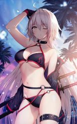 Rule 34 | 1girl, ahoge, arm up, armpits, bare arms, bare shoulders, bikini, black bikini, black gloves, blue sky, blurry, breasts, brown eyes, cleavage, cloud, collarbone, commentary request, cowboy shot, depth of field, fate/grand order, fate (series), gloves, halterneck, highres, jeanne d&#039;arc alter (swimsuit berserker) (fate), jeanne d&#039;arc (fate), jeanne d&#039;arc alter (fate), jeanne d&#039;arc alter (swimsuit berserker) (fate), large breasts, leg belt, long hair, long sleeves, looking at viewer, navel, necomi, off shoulder, one eye closed, outdoors, palm tree, parted lips, shrug (clothing), signature, silver hair, sky, smile, solo, sparkle, standing, stomach, sunset, swimsuit, thighs, tree, very long hair, water drop