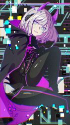 Rule 34 | 1girl, black bodysuit, black cape, bob cut, bodysuit, breasts, cape, clothing cutout, detached horns, gradient hair, gradient horns, hair intakes, headphones, highres, hip vent, holographic horns, horns, indie virtual youtuber, looking at viewer, medium hair, motherv3, multicolored eyes, multicolored hair, multicolored horns, neon trim, open mouth, pink horns, pote0508, purple cape, purple eyes, purple horns, smile, solo, tail, tail through clothes, two-sided cape, two-sided fabric, two-tone eyes, virtual youtuber