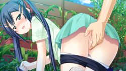 Rule 34 | 1girl, all fours, ass, bike shorts, bike shorts pull, black hair, blush, chiccha love apart, fingering, galette, game cg, gardening, green eyes, hair ornament, hairclip, looking back, male hand, massan, open mouth, outdoors, panties, panty pull, pikazo, plant, pussy juice, sakurabashi takano, skirt, solo focus, twintails, underwear, usume shirou, white panties