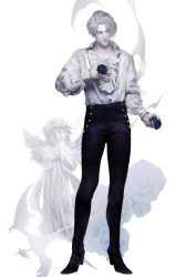 Rule 34 | 1boy, angel, artist request, blood, flower, full body, gloves, highres, leather, leather pants, leon s. kennedy, male focus, muscular, official alternate costume, pants, resident evil, resident evil 4, resident evil 4 (remake), shirt, short hair, solo, white hair