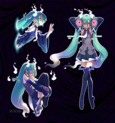 Rule 34 | 1girl, aqua hair, black thighhighs, creatures (company), detached sleeves, game freak, ghost, ghost miku (project voltage), glitch, gradient hair, grey shirt, h0shinokira, hair between eyes, hatsune miku, highres, long hair, multicolored hair, multiple views, necktie, nintendo, one eye closed, pale skin, pokemon, project voltage, see-through, see-through skirt, shirt, skirt, sleeves past fingers, sleeves past wrists, thighhighs, twintails, very long hair, vocaloid, will-o&#039;-the-wisp (mythology), yellow eyes