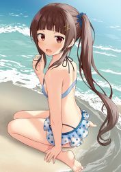 Rule 34 | 1girl, back, barefoot, beach, bikini, blunt bangs, blush, breasts, brown hair, commentary request, embarrassed, frilled bikini, frills, from behind, full body, hair ornament, twirling hair, hairclip, hand on own leg, high-waist bikini, highres, long hair, looking at viewer, nail, ocean, open mouth, original, partial commentary, polka dot, polka dot bikini, ponytail, scrunchie, sitting, small breasts, soles, solo, string tie, swimsuit, wariza, water, waves, wavy mouth, wet, yuusa