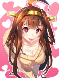 Rule 34 | 10s, 1girl, ahoge, all fours, black bra, blush, bra, breasts, brown eyes, brown hair, cleavage, hairband, headgear, heart, heart-shaped pupils, heart background, kantai collection, kongou (kancolle), long hair, open mouth, saliva, smile, solo, symbol-shaped pupils, tongue, tongue out, underwear, yuuji (yukimimi)