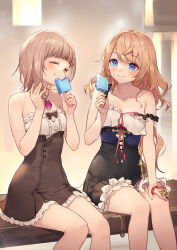 Rule 34 | 2girls, atelier (series), atelier resleriana, atelier rorona, bare arms, bare legs, bare shoulders, black bow, blonde hair, blue eyes, blush, bow, breasts, brown hair, cleavage, closed eyes, collarbone, commentary request, dress, eating, food, frilled dress, frills, hair between eyes, highres, holding, holding food, holding ice cream, ice cream, jewelry, long hair, looking at another, medium breasts, multiple girls, necklace, no headwear, pink ribbon, popsicle, promotional art, resna sternenlicht, ribbon, rororina fryxell, short hair, sleeveless, small breasts, smile, strap slip, umiu geso, wet, wet hair, white dress