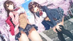 Rule 34 | 2girls, ai kiss 2, bag, black hair, bow, bowtie, breasts, brown hair, cardigan, carrying, cherry blossoms, cloud, day, female focus, game cg, giga (company), groin, hands on own thighs, hands up, happy, highres, kirisawa saki, large breasts, leaning forward, legs, long hair, long sleeves, looking at viewer, multiple girls, open mouth, original, outdoors, over shoulder, petals, saegusa ayame, saegusa hinata, school bag, school uniform, siblings, sisters, skirt, sky, sleeves past wrists, smile, stairs, standing, thighhighs, thighs, tree, zettai ryouiki