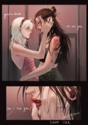 Rule 34 | 2girls, arm tattoo, artist name, bare arms, black bra, black hair, black hairband, blush, bra, commentary, cursive, dress, ear piercing, english commentary, english text, eye contact, finger to another&#039;s mouth, flower tattoo, genderswap, genderswap (mtf), getou suguru, gojou satoru, hair ribbon, hairband, hand on another&#039;s face, highres, hug, indoors, jewelry, jujutsu kaisen, long hair, looking at another, multiple girls, piercing, pink dress, pink nails, pink ribbon, plug (piercing), ribbon, ring, scarlettismm, sleeveless, sleeveless dress, tattoo, underwear, wedding ring, white hair, yuri