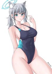 Rule 34 | 1girl, absurdres, animal ear fluff, animal ears, black one-piece swimsuit, blue archive, blue eyes, breasts, cleavage, commentary, competition swimsuit, contrapposto, covered navel, cowboy shot, cross hair ornament, english commentary, extra ears, grey hair, hair ornament, halo, highleg, highleg swimsuit, highres, large breasts, looking at viewer, low ponytail, medium hair, mismatched pupils, multicolored clothes, multicolored swimsuit, one-piece swimsuit, parted lips, razrafz, shiroko (blue archive), shiroko (swimsuit) (blue archive), simple background, solo, swimsuit, white background, wolf ears