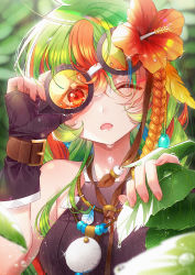 Rule 34 | 1girl, ahoge, black gloves, blonde hair, blue hair, blush, braid, breasts, commentary request, day, feather hair ornament, feathers, fingerless gloves, flower, gloves, goggles, green hair, hair flower, hair ornament, hibiscus, highres, jewelry, jungle, large breasts, long hair, looking at viewer, multicolored hair, nature, necklace, open mouth, orange eyes, orange hair, original, outdoors, rain, side braid, sidelocks, solo, sunlight, unjem, upper body, wet, wrist straps