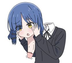 Rule 34 | 1girl, black jacket, blue hair, bocchi the rock!, disembodied head, dullahan, hair ornament, hairclip, hands on own cheeks, hands on own face, jacket, jbxpism, misplaced genitals, penis neck, pixiv, shirt, solo, uncensored, white shirt, yamada ryo, yellow eyes