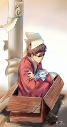 Rule 34 | 10s, 1boy, :p, absurdres, ade-nyungsep, akebono (kancolle), artist name, box, brown hair, cardboard box, dog, gintama, glasses, gradient background, hasegawa taizou, highres, in box, in container, japanese clothes, kantai collection, male focus, paper, poop, poster (medium), poster (object), sailor, school uniform, serafuku, smile, solo, squatting, sunglasses, tongue, tongue out, utility pole