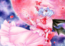 Rule 34 | 1girl, 6kusa, bad id, bad pixiv id, bat wings, blue hair, female focus, hat, outdoors, petals, red eyes, remilia scarlet, short hair, sky, solo, touhou, traditional media, wings
