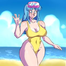 Rule 34 | 1girl, bare shoulders, beach, blue eyes, blue hair, blue sky, bouncing breasts, breasts, casual one-piece swimsuit, cleavage, curvy, derivative work, diving mask, diving mask on head, dragon ball, dragonball z, goggles, goggles on head, highleg, highleg swimsuit, highres, long hair, looking at viewer, maron (dragon ball), maron redraw challenge (meme), meme, meme attire, naughty face, one-piece swimsuit, salute, screenshot redraw, shiny skin, sky, smile, swimsuit, theprincesskari, water, wide hips, yellow one-piece swimsuit