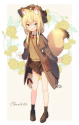 Rule 34 | 1girl, absurdres, ahoge, animal ear fluff, animal ears, blonde hair, blush, brown cardigan, brown coat, brown footwear, brown hat, brown skirt, brown socks, cardigan, character name, coat, collared shirt, coreytaiyo, dated, detective, fang, floral background, fox ears, fox girl, fox tail, full body, green eyes, hair between eyes, hair over shoulder, hat, highres, long hair, looking at viewer, miniskirt, monocle, necktie, open clothes, open coat, open mouth, original, pleated skirt, red necktie, shirt, shoes, sidelocks, signature, skirt, socks, solo, standing, tail, tail raised, thighs, very long hair, white shirt
