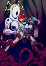 Rule 34 | 1boy, 2girls, anal, animal ears, belt, blood, blue eyes, bob cut, breasts, cat ears, cat tail, claws, closed eyes, dark skin, double (skullgirls), dragonmanx, extra eyes, fingerless gloves, futa with male, futanari, gloves, male penetrated, monster, ms. fortune (skullgirls), multiple girls, pegging, penis, pouch, rape, red eyes, red hair, scar, severed hand, severed head, short hair, skullgirls, sleeveless, sleeveless turtleneck, tail, tentacles, turtleneck, white hair