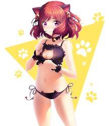 Rule 34 | 10s, 1girl, alternate costume, animal ears, bell, black panties, black ribbon, blush, cat cutout, cat ear panties, cat ears, cat lingerie, choker, cleavage cutout, closed mouth, clothing cutout, cowboy shot, eyebrows, frills, frown, hair bell, hair ornament, hair ribbon, highres, jingle bell, kemonomimi mode, legs apart, looking at viewer, love live!, love live! school idol project, meme attire, navel, neck bell, nishikino maki, panties, paw print, purple eyes, red hair, ribbon, shade, side-tie panties, solo, squchan, standing, stomach, triangle, underwear, underwear only, wrist cuffs