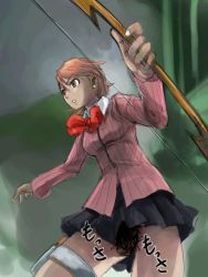 Rule 34 | 1girl, atlus, bow (weapon), cardigan, cropped legs, female focus, female pubic hair, holster, looking to the side, michael f91, miniskirt, persona, persona 3, pubic hair, ribbon, skirt, solo, takeba yukari, thigh holster, weapon