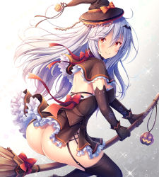 Rule 34 | 1girl, akashio (loli ace), ass, black gloves, black thighhighs, blush, bow, breasts, broom, broom riding, brown capelet, brown hat, brown shirt, brown skirt, brown sleeves, capelet, closed mouth, commentary request, detached sleeves, female focus, garter straps, gloves, gradient background, grey background, hair between eyes, hat, hat bow, highres, holding, holding broom, jack-o&#039;-lantern, long hair, long sleeves, looking at viewer, looking to the side, medium breasts, mini wings, no panties, orange bow, original, pleated skirt, red bow, red eyes, shirt, silver hair, skirt, smile, solo, star (symbol), thighhighs, very long hair, white background, wings