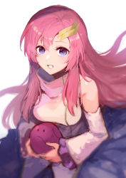 Rule 34 | 1girl, blue eyes, breasts, detached sleeves, dress, gundam, gundam seed, hair between eyes, hair ornament, haro, highres, holding, lacus clyne, leaning forward, long hair, looking at viewer, medium breasts, nakamura eight, open mouth, pink hair, robot, smile, solo, white background, white dress