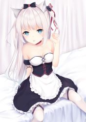 Rule 34 | 1girl, absurdres, animal ear fluff, animal ears, apron, azur lane, bare shoulders, bed, black bow, black dress, black sleeves, blue eyes, bow, breasts, cat ears, cat hair ornament, choker, collarbone, detached sleeves, dress, frilled apron, frills, grey hair, hair ornament, hair ribbon, hammann (azur lane), hand up, highres, karin (fineyanny), long hair, looking at viewer, medium breasts, on bed, one side up, pantyhose, parted lips, puffy short sleeves, puffy sleeves, red choker, red ribbon, ribbon, short sleeves, sidelocks, sitting, solo, strapless, strapless dress, very long hair, waist apron, white apron, white pantyhose