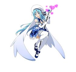 Rule 34 | 10s, 1girl, alternate costume, asuna (sao), asuna (sao-alo), blue eyes, blue hair, blue skirt, breasts, cleavage, elbow gloves, frilled skirt, frills, full body, gloves, hat, highres, holding, long hair, magical girl, matching hair/eyes, official art, open mouth, pointy ears, simple background, skirt, solo, staff, swod, sword art online, sword art online: code register, thighhighs, white background, white gloves, white thighhighs, zettai ryouiki