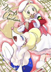 1girl :d absurdres alternate_color blonde_hair creatures_(company) dress flute game_freak gen_7_pokemon green_eyes hat highres hiyokko2min holding holding_flute holding_instrument instrument lillie_(holiday_2024)_(pokemon) lillie_(pokemon) long_hair long_sleeves looking_at_viewer merry_christmas music nintendo official_alternate_costume open_mouth playing_instrument pokemon pokemon_(creature) pokemon_masters_ex primarina recorder shiny_pokemon smile teeth upper_teeth_only white_hat