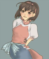 Rule 34 | 1girl, arms behind back, breasts, brown eyes, brown hair, commentary request, gensou suikoden, gensou suikoden ii, hairband, nanami (suikoden), shirt, short hair, smile, solo