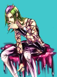Rule 34 | 1boy, blue background, boots, green eyes, green hair, green lips, hat, jojo no kimyou na bouken, lipstick, long hair, makeup, male focus, matching hair/eyes, narciso anasui, simple background, solo, thigh boots, thighhighs, tumble ao