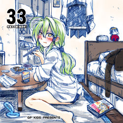 Rule 34 | 1girl, :t, ahoge, aki minoriko, alternate hairstyle, arm rest, bed, blush, book, can, casual, cellphone, character doll, chopsticks, clock, commentary request, cover, cover page, digital clock, eating, english text, green eyes, green hair, highres, holding, holding chopsticks, kitchen, kochiya sanae, looking at viewer, low ponytail, phone, sitting, smartphone, solo, table, takana shinno, touhou, yasaka kanako