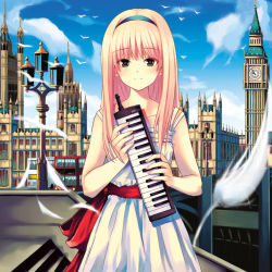 Rule 34 | bad id, bad pixiv id, bird, blonde hair, building, clock, clock tower, elizabeth tower, feathers, green eyes, hairband, instrument, keyboard (instrument), kitagawa unagi, long hair, melodica, solo, tower, westminster palace