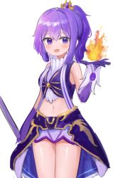 Rule 34 | 1girl, :d, absurdres, arme, bare shoulders, breasts, cowboy shot, crop top, fire, gloves, grand chase, hair ornament, hand up, high collar, highres, holding, long hair, looking at viewer, midriff, miniskirt, navel, open mouth, pocari (sq551), ponytail, purple eyes, purple gloves, purple hair, purple shirt, purple skirt, revealing clothes, shirt, showgirl skirt, sidelocks, simple background, skirt, sleeveless, sleeveless shirt, small breasts, smile, solo, standing, stomach, thighs, white background