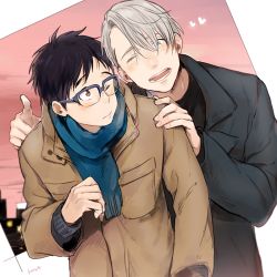 Rule 34 | 10s, 2boys, aqua eyes, black hair, blue scarf, blush, brown eyes, brown jacket, eye contact, hand on shoulder, heart, jacket, katsuki yuuri, looking at another, male focus, multiple boys, one eye closed, open mouth, pocket, pointing, pointing at viewer, scarf, shina-love, silver hair, standing, viktor nikiforov, yaoi, yuri!!! on ice
