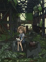 Rule 34 | bag, barefoot, child, indoors, letter, ninkon, overgrown, plant, ruins, scenery, school uniform, solo, tree, twintails, usami miki