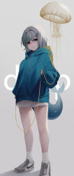 Rule 34 | 1girl, absurdres, balloon, blue eyes, blue hair, blue hoodie, closed mouth, commentary, dated commentary, drawstring, english commentary, fins, fish tail, foot out of frame, gawr gura, grey background, grey footwear, grey hair, hair ornament, highres, holding, holding balloon, hololive, hololive english, hood, hoodie, jellyfish, long shirt, looking at viewer, medium hair, multicolored footwear, multicolored hair, nike (company), nine (kanine41), shark girl, shark hair ornament, shark tail, shirt, shoes, sleeves past wrists, sneakers, socks, solo, standing, streaked hair, string, tail, virtual youtuber, white footwear, white shirt, white socks