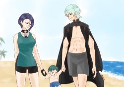 Rule 34 | 1girl, 2boys, abs, bare shoulders, beach, bike shorts, black male swimwear, black swim trunks, blue hair, blue male swimwear, blue swim trunks, byleth (fire emblem), byleth (male) (fire emblem), choker, family, father and son, fingerless gloves, fire emblem, fire emblem: three houses, gloves, green hair, holding, holding hands, husband and wife, if they mated, kiora06, male swimwear, mother and son, multiple boys, nintendo, shamir nevrand, smile, swim trunks, swimsuit, water