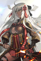 Rule 34 | 1girl, ahoge, arm guards, black bow, bow, breasts, cleavage cutout, closed mouth, clothing cutout, collarbone, cowboy shot, dark-skinned female, dark skin, fate/grand order, fate (series), flower knot, hair bow, hair ornament, high collar, holding, holding sheath, holding sword, holding weapon, hungry clicker, katana, long hair, looking to the side, medium breasts, okita souji (fate), okita souji alter (fate), revision, sheath, silver hair, solo, sword, tassel, thigh strap, unsheathing, v-shaped eyebrows, weapon, yellow eyes