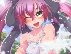 Rule 34 | 1girl, ;d, alice (venus eleven vivid!), bare shoulders, black ribbon, blush, breasts, cleavage, close-up, collarbone, day, frilled ribbon, frills, green eyes, hair between eyes, hair ribbon, holding, holding hose, hose, lens flare, long hair, looking at viewer, medium breasts, one eye closed, open mouth, outdoors, outstretched arm, pink hair, ribbon, smile, solo, splashing, suikamaru, twintails, upper body, venus eleven vivid!, water, water drop, wet, wet clothes