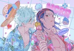 Rule 34 | 2boys, barou shouei, black hair, blue eyes, blue lock, blue shirt, bomber tarou, food, grid background, hat, hawaiian shirt, highres, holding, holding another&#039;s wrist, holding food, ice cream, ice cream cone, looking at another, male focus, medium hair, multiple boys, nagi seishirou, open clothes, open mouth, open shirt, red eyes, red hair, red shirt, shirt, short hair, straw hat, tongue, tongue out, white hair, yaoi