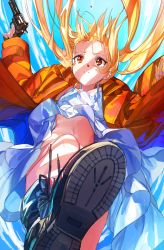 Rule 34 | 1girl, bare legs, blonde hair, boots, bottomless, dress, floating hair, from below, gun, handgun, highres, holding, holding gun, holding weapon, jacket, long sleeves, midriff, navel, no panties, orange jacket, original, parted lips, pleated dress, pov, red eyes, revolver, solo, stomping, sundress, wata (attaka towel), weapon, white dress, wind