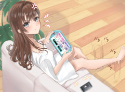 Rule 34 | 1girl, absurdres, anger vein, annoyed, bare legs, barefoot, blue eyes, blush, breasts, brown hair, cellphone, commentary request, couch, dress, english text, game, game over, handheld game console, highres, holding, indoors, long hair, looking at viewer, okoto0723, original, phone, plant, potted plant, sidelocks, sitting, small breasts, smartphone, solo, tears, v-shaped eyebrows, white dress, wooden floor