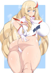 Rule 34 | 1girl, ahoge, artist request, ass, ass grab, blonde hair, blue eyes, blush, breasts, cameltoe, deep skin, dianna soreil, embarrassed, from behind, from below, gloves, gundam, highres, huge ass, huge breasts, leotard, long hair, looking back, looking down, multicolored hair, red hair, shiny clothes, shiny skin, sideboob, solo, thick thighs, thighs, thong leotard, turn a gundam, two-tone hair, very long hair