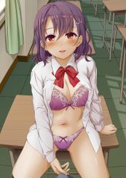 Rule 34 | 1boy, 1girl, bar censor, black thighhighs, blush, bow, bow bra, bow panties, bowtie, bra, breasts, bulge, censored, classroom, cleavage, collared shirt, commentary request, desk, dress shirt, erection, erection under clothes, hair ornament, hairclip, indoors, long sleeves, looking at viewer, medium breasts, miel (lessontome), navel, on table, open clothes, open mouth, original, panties, parted lips, photoshop (medium), pov, purple bra, purple hair, purple panties, red bow, red bowtie, red eyes, school desk, shiny skin, shirt, short hair, sitting, smile, solo focus, table, teeth, thighhighs, tile floor, tiles, unbuttoned, unbuttoned shirt, underwear, upper teeth only