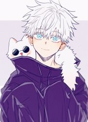 Rule 34 | 1boy, absurdres, aged down, animal, black jacket, blue eyes, cat, closed mouth, gojou satoru, hair between eyes, hands up, high collar, highres, jacket, jujutsu kaisen, looking at viewer, male focus, oversized clothes, round eyewear, short hair, sleeves past fingers, sleeves past wrists, smile, solo, sunglasses, white background, white hair, yoon (dmsco1803)