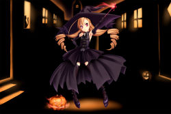 Rule 34 | 1girl, brown hair, drill hair, female focus, full body, halloween, hat, highres, jack-o&#039;-lantern, norizou type-r, outdoors, pumpkin, red eyes, solo, thighhighs, wand, witch, witch hat