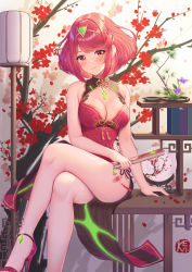 Rule 34 | 1girl, absurdres, adapted costume, alternate costume, bare legs, blush, breasts, china dress, chinese clothes, cleavage, cleavage cutout, clothing cutout, crossed legs, dress, folded fan, folding fan, hand fan, high heels, highres, holding, ken-san, large breasts, pelvic curtain, pyra (xenoblade), red eyes, red hair, short dress, short hair, side slit, smile, solo, swept bangs, thighs, xenoblade chronicles (series), xenoblade chronicles 2