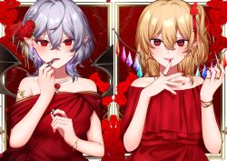 Rule 34 | 2girls, absurdres, alternate costume, bat wings, blonde hair, blush, commentary request, cosmetics, crystal, dress, earrings, flandre scarlet, flower, hair flower, hair ornament, highres, holding, holding lipstick tube, jewelry, kodouirasto, lipstick tube, long hair, looking at viewer, multicolored wings, multiple girls, multiple rings, necklace, off-shoulder dress, off shoulder, one side up, open mouth, pendant, pointy ears, purple hair, red dress, red eyes, red flower, red nails, red rose, remilia scarlet, ring, rose, siblings, side ponytail, sisters, smile, touhou, wings