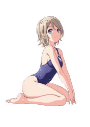 Rule 34 | 1girl, backlighting, bare legs, barefoot, blue eyes, blue one-piece swimsuit, breasts, brown hair, closed mouth, competition school swimsuit, covered navel, fish.boy, from side, full body, hair between eyes, highres, leaning forward, light smile, love live!, love live! sunshine!!, medium breasts, one-piece swimsuit, own hands together, parted bangs, school swimsuit, seiza, simple background, sitting, solo, swept bangs, swimsuit, watanabe you, white background