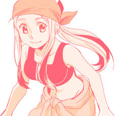 Rule 34 | 1girl, bandana, blonde hair, earrings, female focus, fullmetal alchemist, jewelry, leaning forward, long hair, looking at viewer, looking away, monochrome, open mouth, ponytail, shirou (vista), simple background, smile, solo, tank top, upper body, white background, winry rockbell