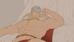 Rule 34 | 1boy, abs, armpits, bad id, bad twitter id, bara, bare pectorals, belt, biceps, blonde hair, blue eyes, brown belt, cape, character request, convenient censoring, facial hair, flat color, fur-trimmed cape, fur trim, goatee, heterochromia, hinokumo f, large pectorals, long sideburns, lying, male focus, mature male, multicolored hair, muscular, muscular male, naked cape, navel, nipples, on back, pectorals, red cape, revealing clothes, short hair, sideburns, silver hair, solo, spread legs, stomach, thick eyebrows, tokyo houkago summoners, two-tone hair, yellow eyes