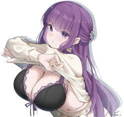 Rule 34 | 1girl, :/, absurdres, arms up, black bra, blunt bangs, bra, breasts, cleavage, closed mouth, clothes lift, commission, crossed arms, fern (sousou no frieren), gie (gienara), highres, large breasts, lifted by self, looking at viewer, pleated skirt, purple eyes, purple hair, shirt, shirt lift, skirt, solo, sousou no frieren, underwear, white shirt